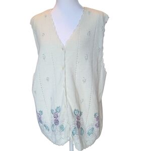 Vintage Koret White Floral Embroidered Beaded Sleeveless Knit Cardigan